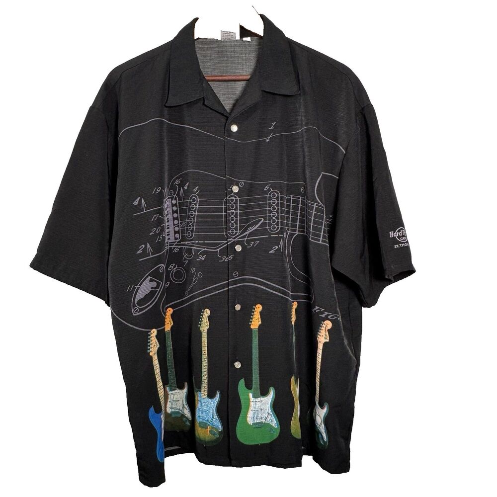 Vtg Hard Rock Cafe St Thomas Guitar Blueprint Camp Shirt XL Korea 90s Fender